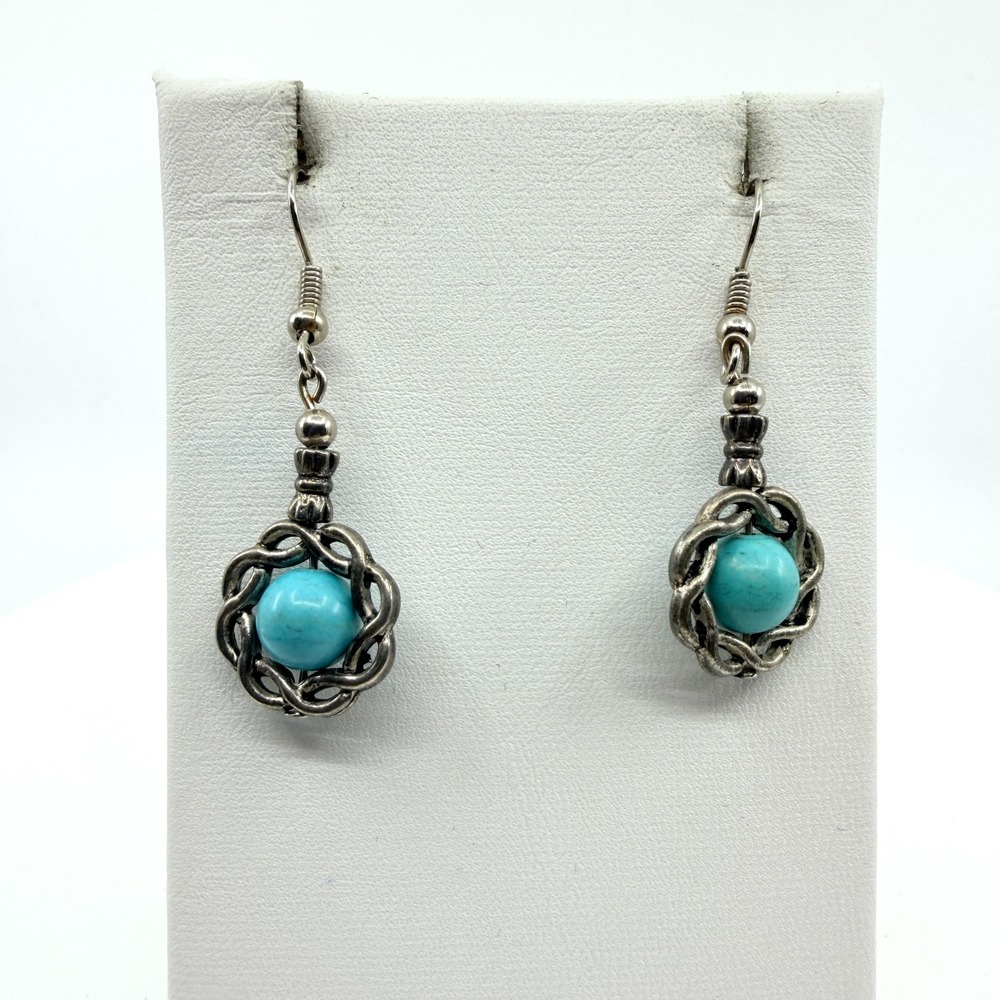 Vintage Southwestern Silver Tone Celtic Knot Faux Turquoise Dangle Earrings